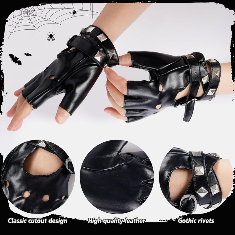 FAYBOX Black Leather Fingerless Gloves for Women Teens, Halloween Costume Accessories Belt Up Half Finger Gloves - Image 3